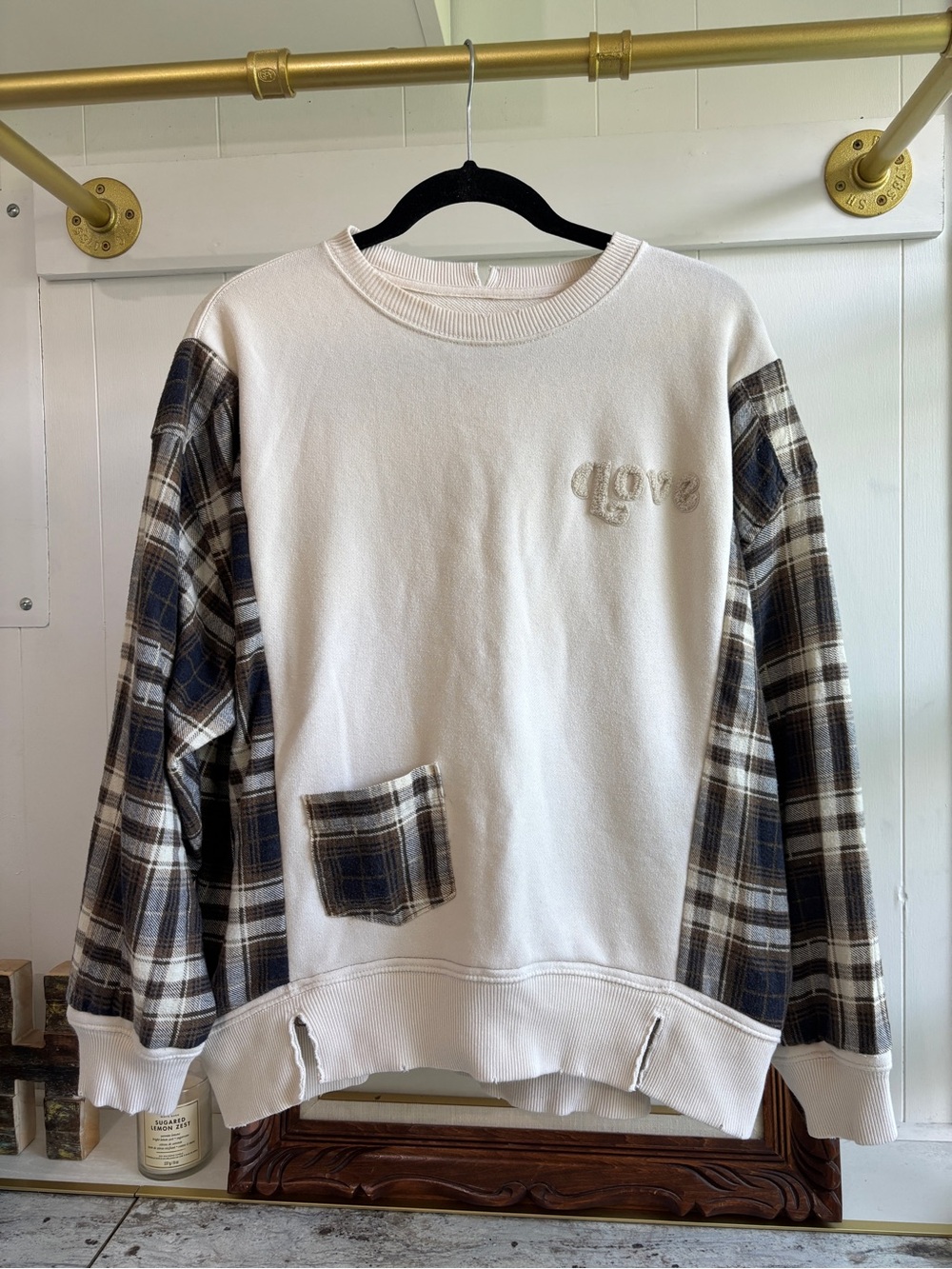 Upcycled Oversized Aerie Sweater Cream Brown Plaid Medium to Extra Large